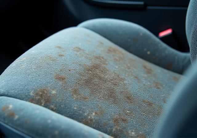 A car's fabric seat with stains and dirt.
